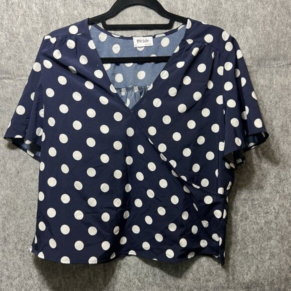 Love Sadie Shirt Womens Large Short Sleeve Blouse Navy Blue Polka Dot Faux‎ Wrap
